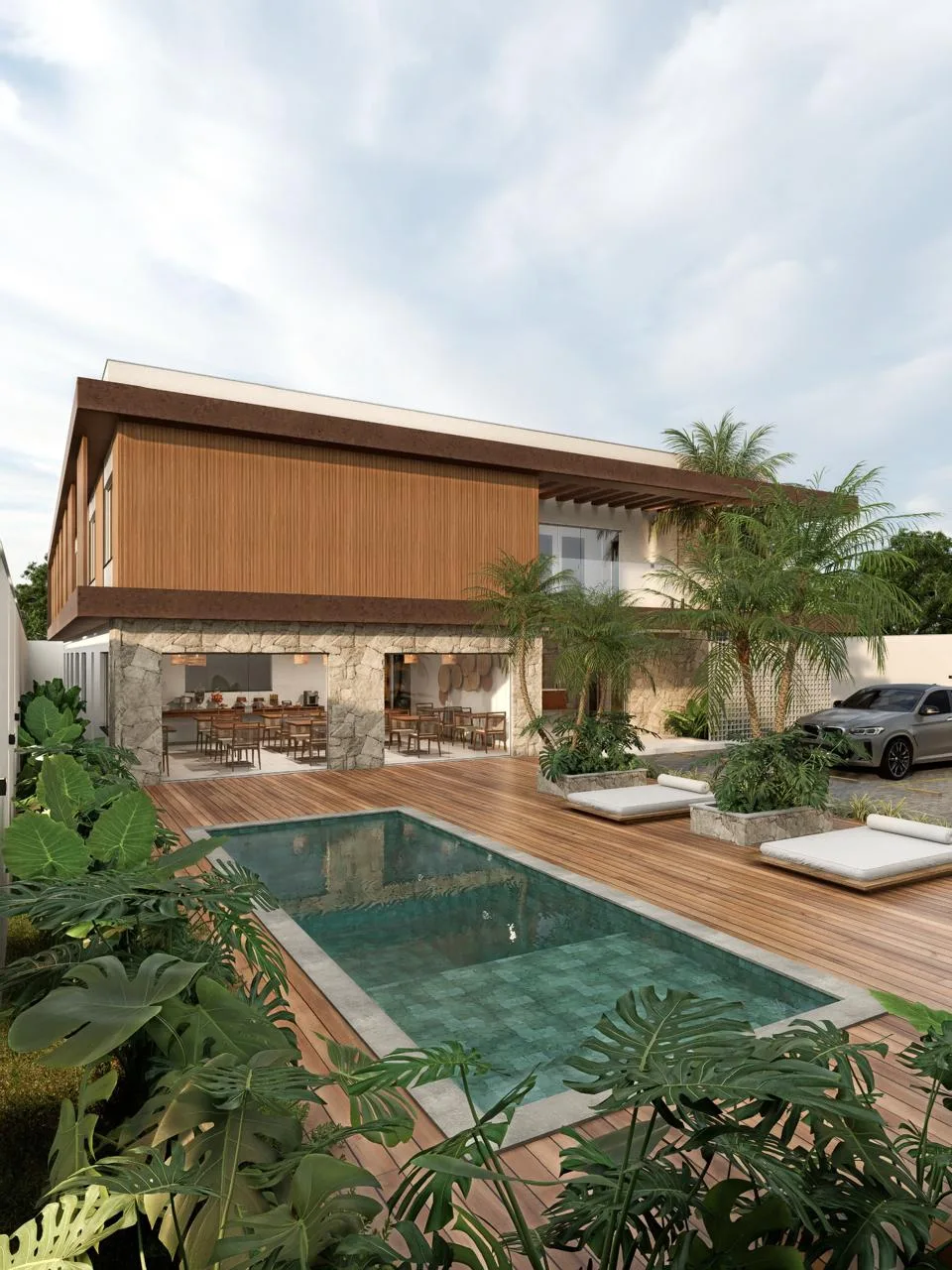 Piscina com deck de madeira, imagem ilustrativa